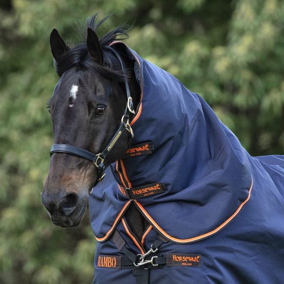 Horseware Rambo Supreme Turnout Rug Hood 50g Navy/Orange