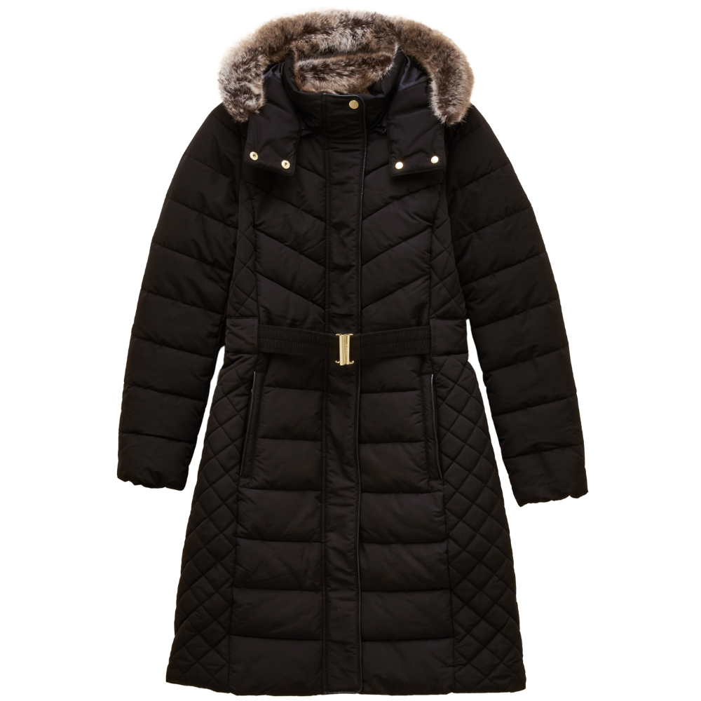 Joules Aspen Long Padded Coat Faux Fur Hood Black